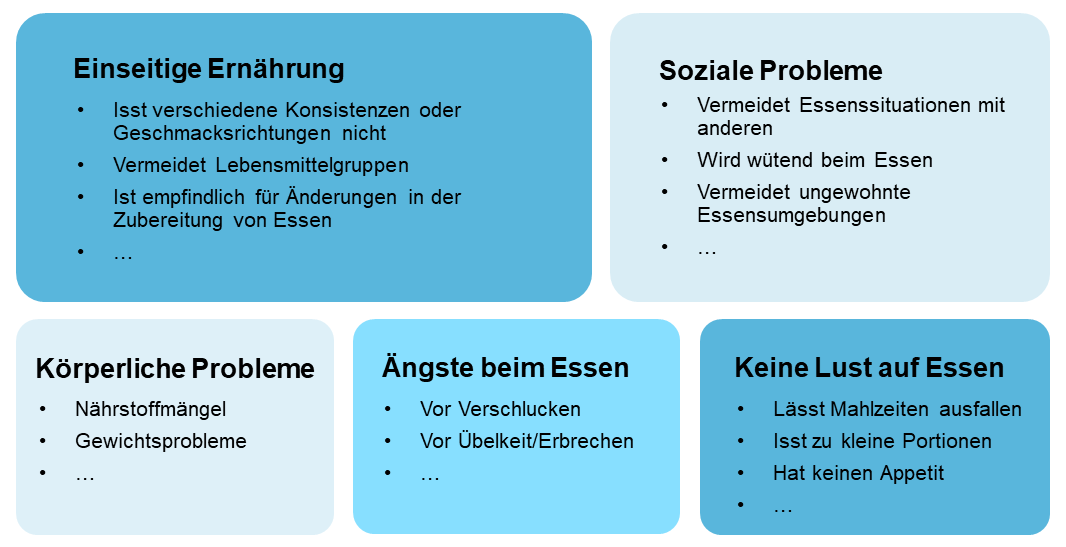 Wortwolke. Überschrift: Einseitige Ernährung. Unterpunkte: Isst verschiedene Konsistenzen oder Geschmacksrichtungen nicht. Vermeidet Lebensmittelgruppen. Ist empfindlich für Änderungen in der Zubereitung von Essen, etc Überschift: Soziale Probleme Unterpunkte: Vermeidet Essenssituationen mit anderen. Wird wütend beim Essen. Vermeidet ungewohnte Essensumgebungen, etc. Überschift: Körperliche Probleme Unterpunkte: Nährstoffmangel. Gewichtsprobleme, etc. Überschrift: Ängste beim Essen. Unterpunkte: Vor Verschlucken. Vor Übelkeit oder Erbrechen, etc. Überschrift: Keine Lust auf Essen. Unterpunkte: Lässt Mahlzeiten ausfallen. Isst zu kleine Portionen. Hat keinen Appetit, etc.