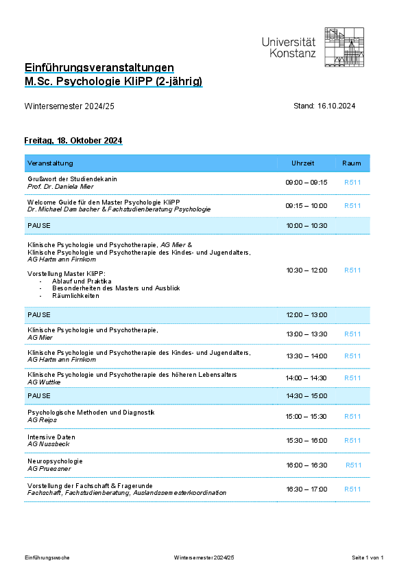 Ablaufplan Einführungsveranstaltung WiSe 24/25 Master Psychotherapie