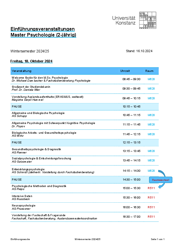 Ablaufplan Einführungsveranstaltung MSc Psychologie